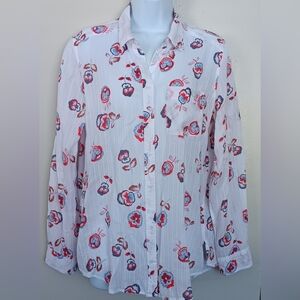 Express Boyfriend Floral Print Shirt Red White and Blue Semi-Sheer Sz M